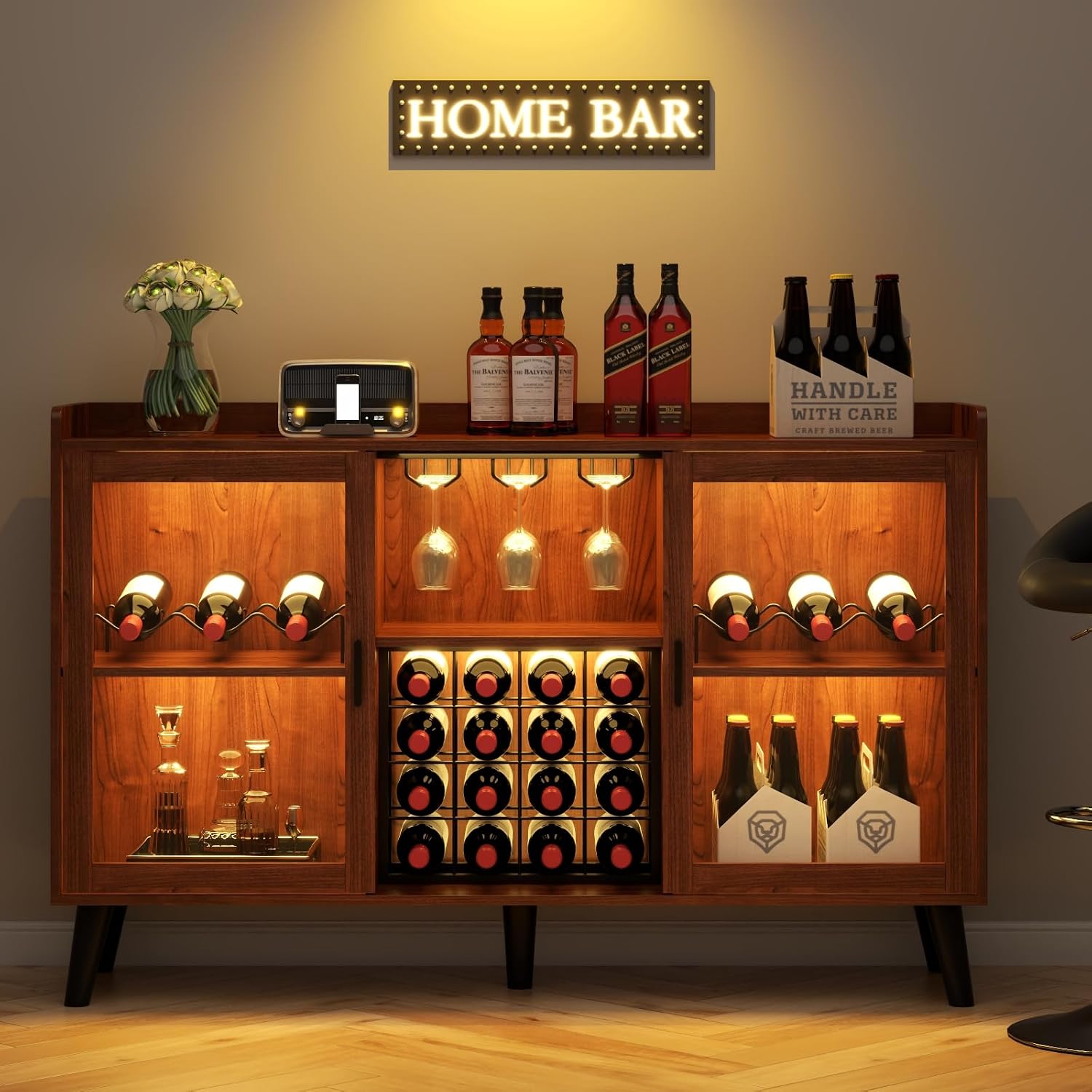 Loomie Wine Bar Cabinet with LED Light, Home Coffee Cabinet with Wine Rack and Glass Holder, Kitchen Buffet Sideboard W Storage Shelf, Freestanding Liquor Cabinet for Living Room, Dining Room (Walnut)