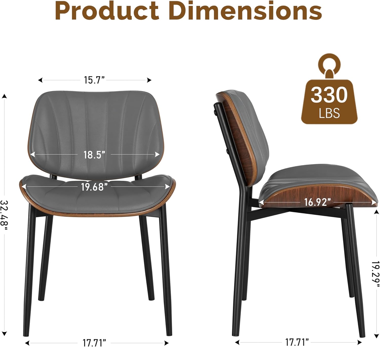 Dining Chairs Set 2 Solid Wood Backrest Modern Metal Chairs Upholstered Pu Leather Dining Chairs with Adjustable Foot Pad for Kitchen Dining Room Deep Grey