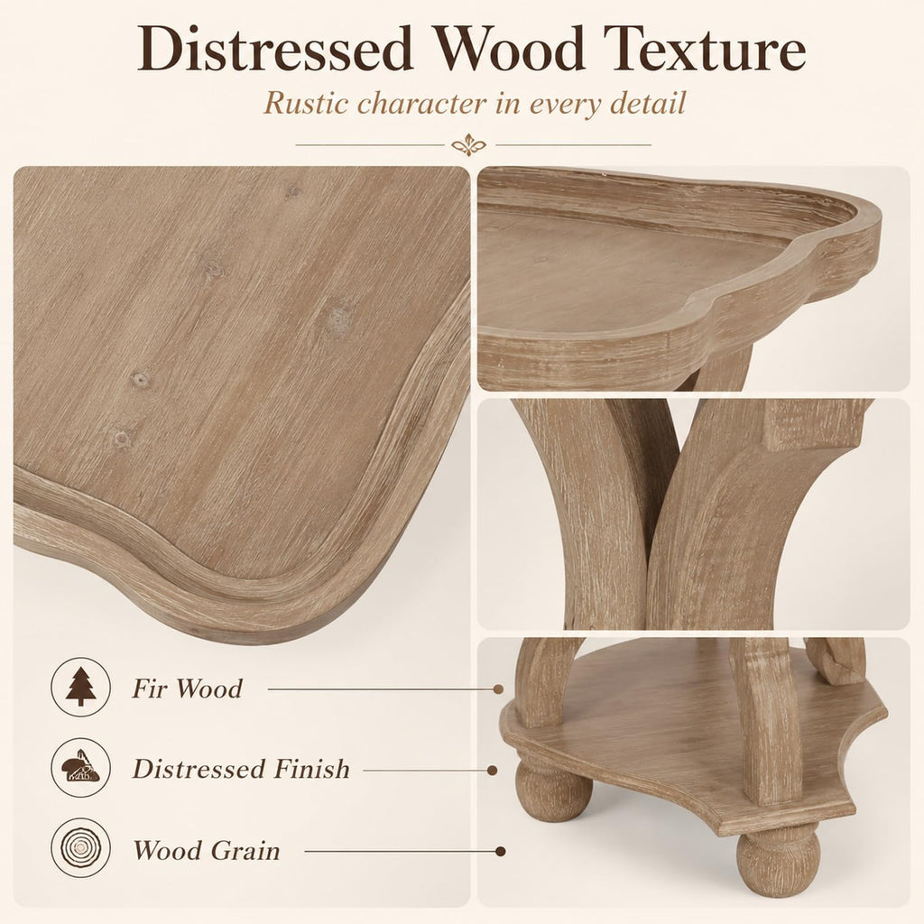 French Country Accent Table, Farmhouse Side Table (Natural B) | 19 Inch Fir Wood Piece with Lipped Rectangular Top, Hourglass Base for Living Room and Bedroom
