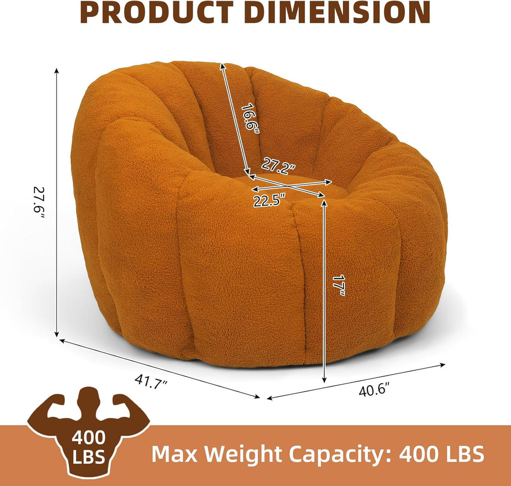 Bean Bag Chair, Large Beanbag Chairs with Filling, Bean Bag Chair with Filler, Stuffed Beanbag Chairs for Living Room (Teddy Fabric in Orange Brown, No Ottoman)