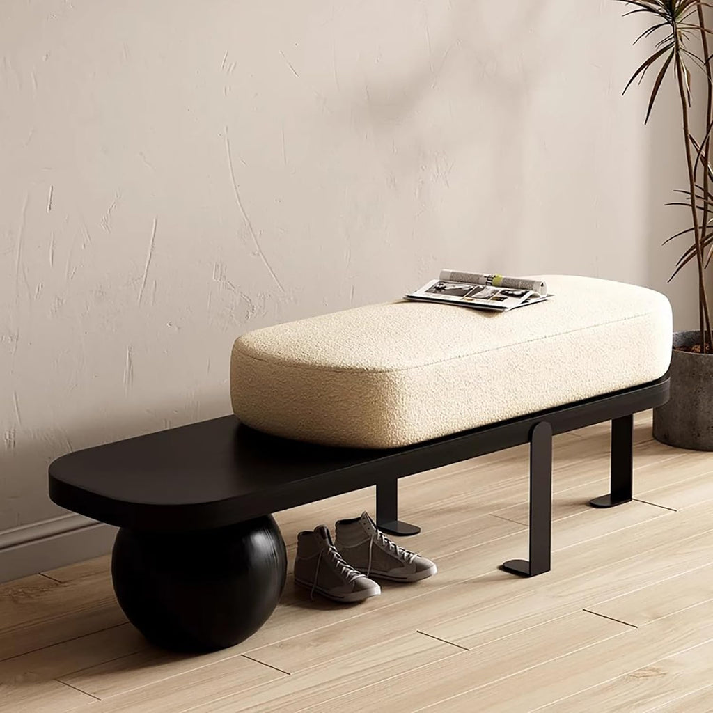 Wooden Boucle Bench with Abstract Metal Legs - Modern Upholstered Entryway and Living Room Bench for Shoe Changing - Stylish End of Bed Seating