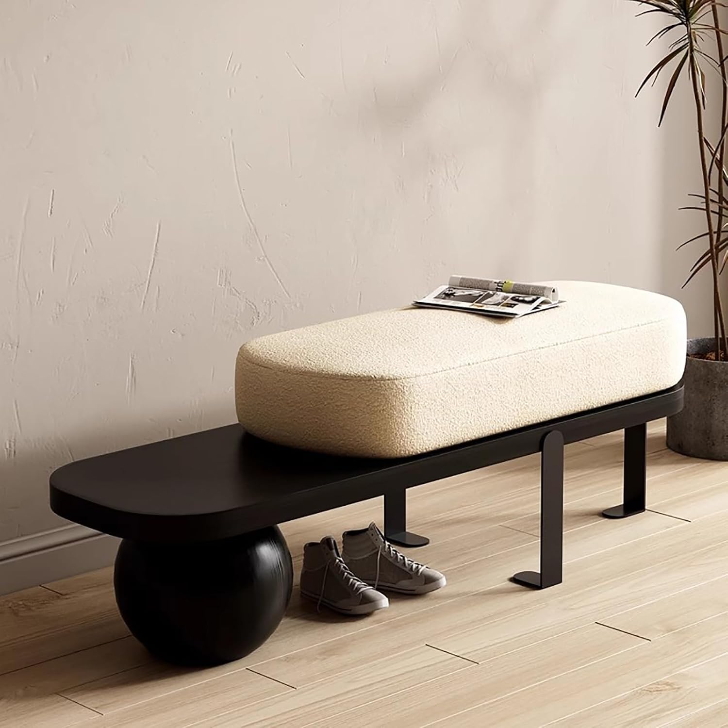 Wooden Boucle Bench with Abstract Metal Legs - Modern Upholstered Entryway and Living Room Bench for Shoe Changing - Stylish End of Bed Seating