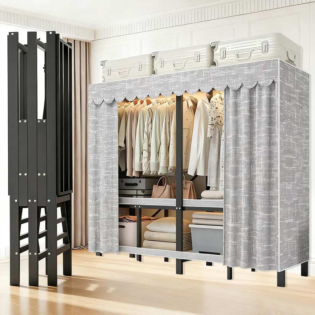 Foldable Portable Closet Wardrobe on Wheel Heavy Duty Metal Clothing Rack with Cover Freestanding Armoire Storage System Rolling Garment Racks for Hanging Clothes (C,Grey Cover, 66.1in/168cm)