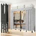 Foldable Portable Closet Wardrobe on Wheel Heavy Duty Metal Clothing Rack with Cover Freestanding Armoire Storage System Rolling Garment Racks for Hanging Clothes (C,Grey Cover, 66.1in/168cm)