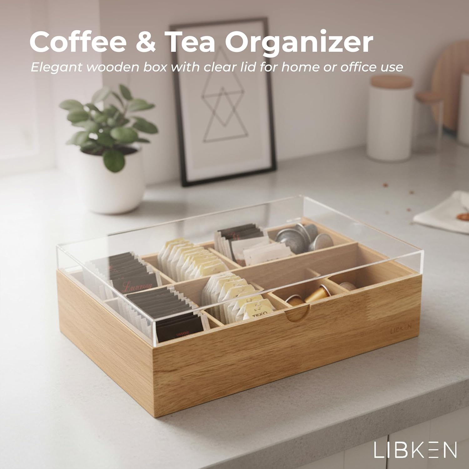 LIBKEN Wooden Tea Bag Organizer Box – 8 Compartment Tea Storage with Clear Lid – Minimalist Scandinavian Design – Versatile Wooden Tea Box for Tea Bags, Jewelry, Crafts, Office & Countertop Storage