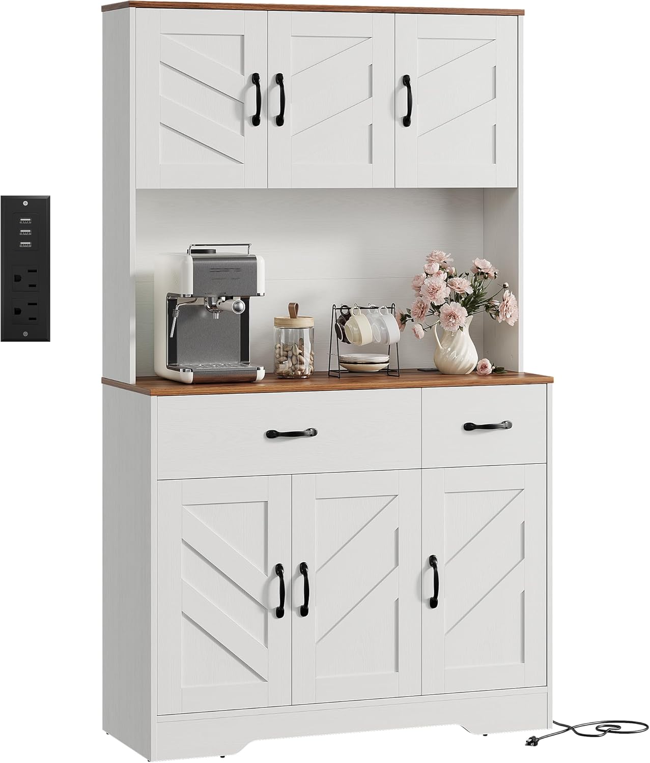IDEALHOUSE 71" Kitchen Pantry Storage Cabinet with Charging Station, Farmhouse Kitchen Hutch Cabinet with 2 Storage Drawers, Large Food Pantry with Microwave Stand for Dining Room,Living Room,White