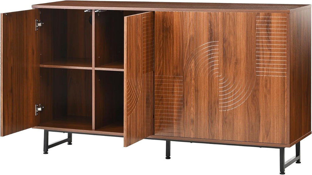 Mid-Century Modern Walnut Sideboard Buffet Cabinet, 59*16*33 inches Geometric Carved Storage Cabinet with Metal Legs, Coffee Bar Entryway Console Table Storage for Dinning Room, Living Room