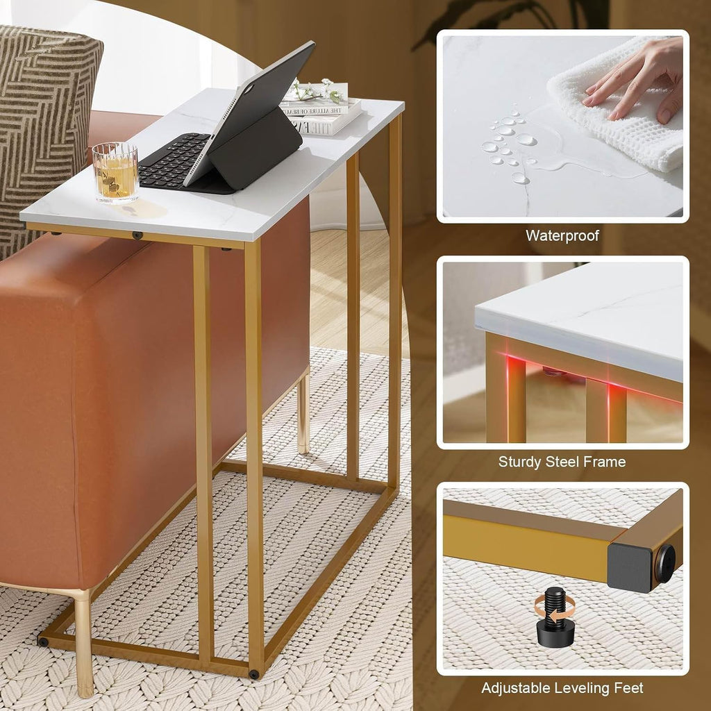 C-Shaped Side Table, Modern End Table with Metal Frame, Space Saving Design for Living Room，Large Surface Couch Table for Bedroom, and Home Office，24 x 12 x 24 inches (Marble White)