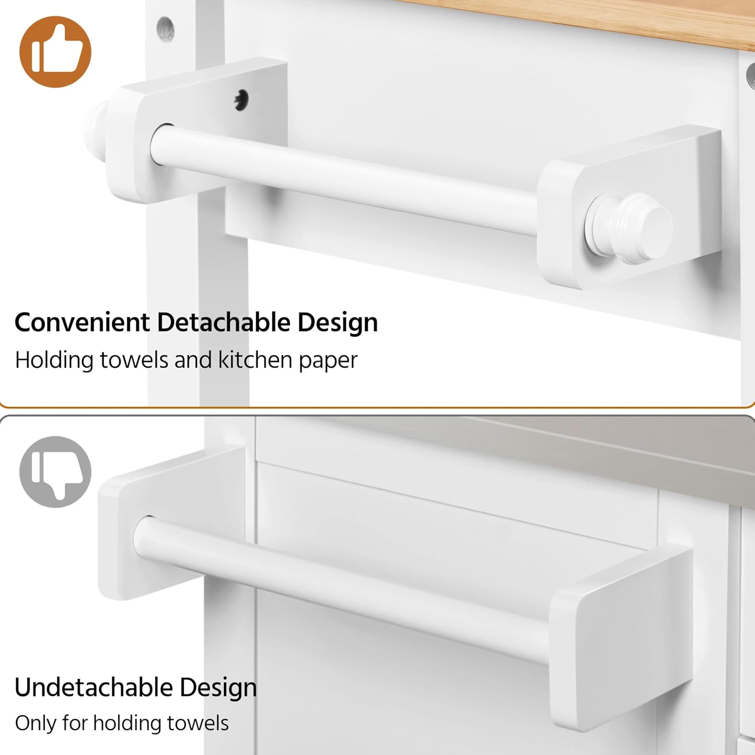 Yaheetech Kitchen Island Cart on Wheels with Bamboo Tabletop, 3-Tier Rolling Kitchen Island Microwave Cart with Drawer, Detachable Towel, 3 Hooks, 17" D x 37.5" W, White