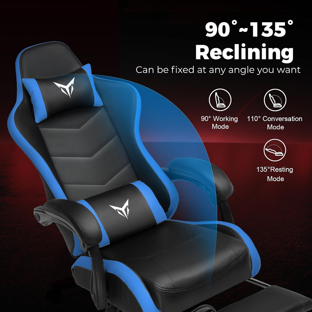 EXRACING Gaming Chair with Footrest, Ergonomic Computer Chair 350lbs High Back for Adults, Height Adjustable Video Game Chair with Headrest and Lumbar Support, 360° Swivel, PU Leather, Blue