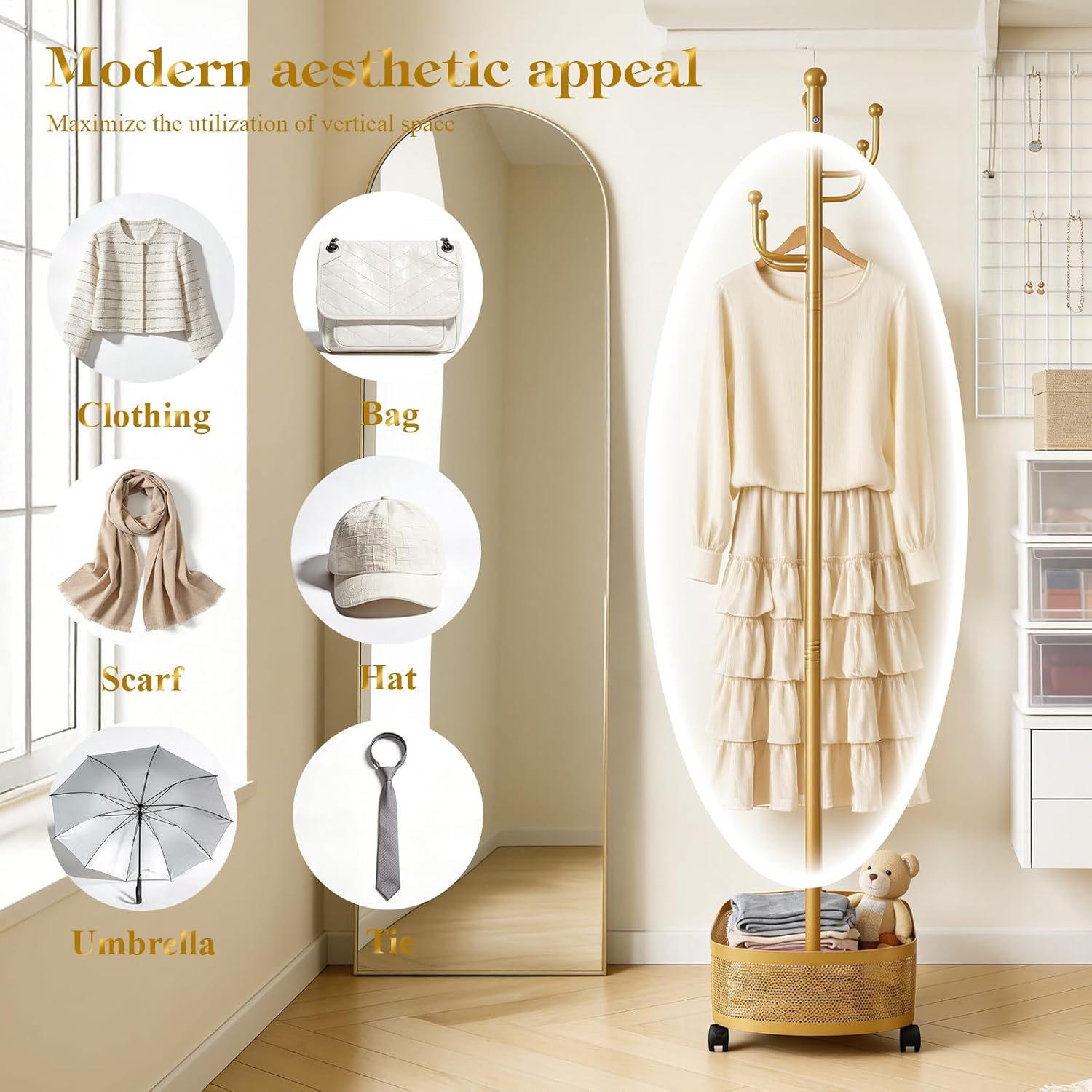 Cuteam Rolling Clothes Rack, Freestanding Metal Clothing Rack with Lockable Wheels, Mesh Storage Basket, Hooks, Movable Coat Rack for Bedroom Living Room (Golden)