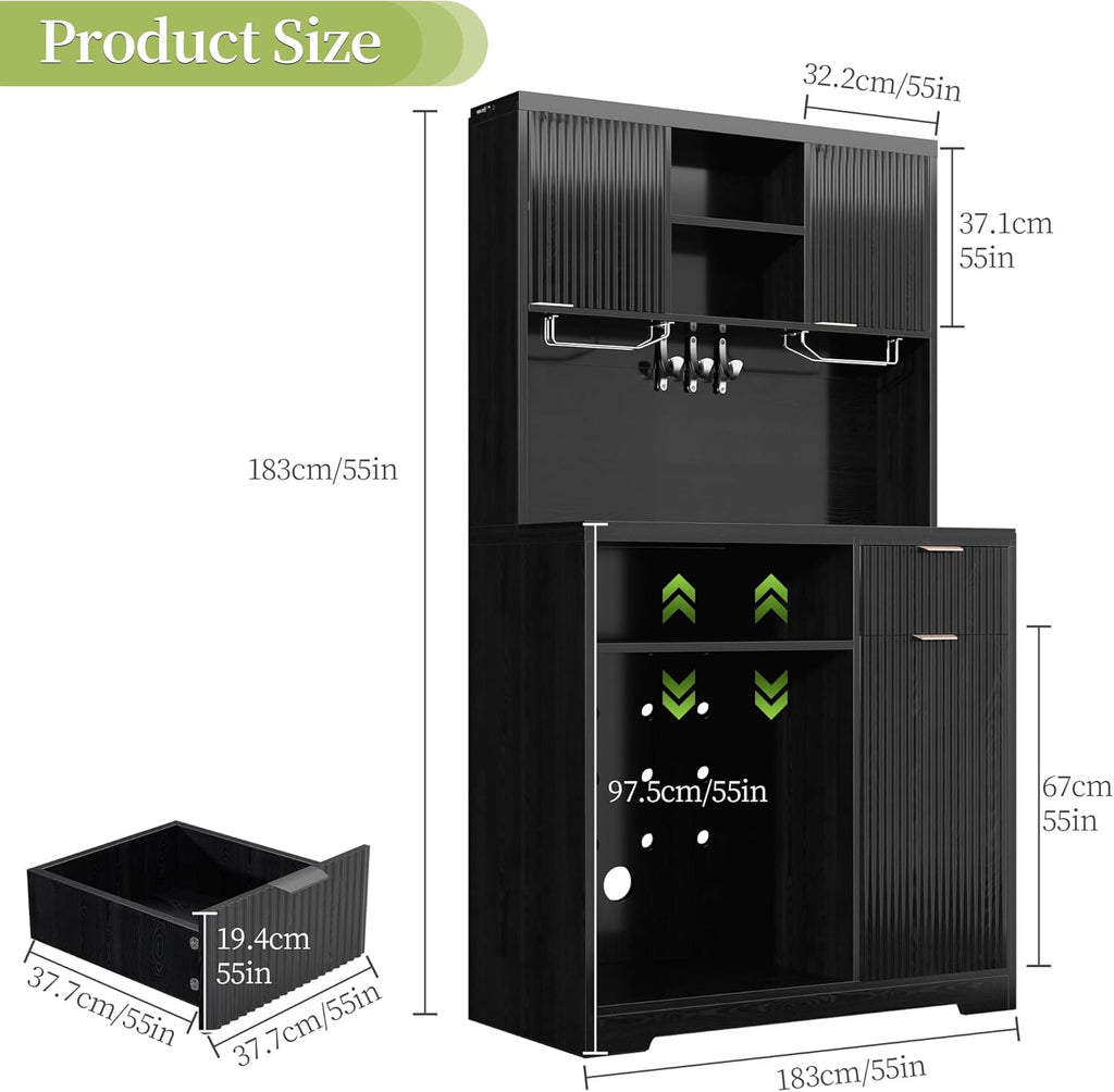 Saudism Coffee Bar Cabinet with Mini Fridge, 72" Tall Wood Mini Fridge Cabinet with Storage, RGB Light, Cup Holder, for Home Kitchen Dining Room, Black