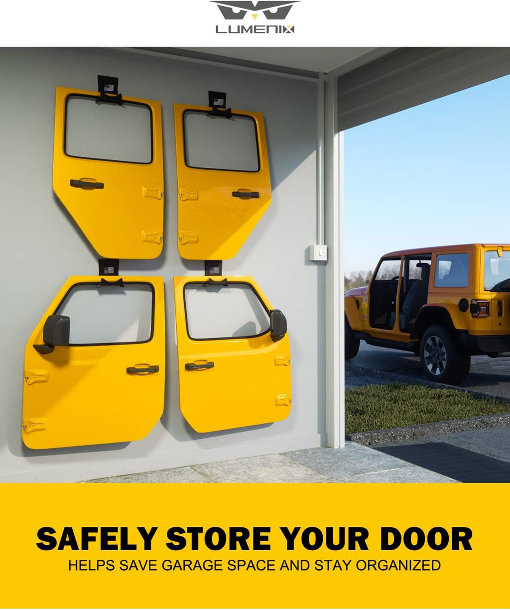 LUMENIX Heavy Duty Door Storage Hangers Bracket, Wall-Mounted Systems Kits Doors Holder Racks Compatible with 1956-2025 Jeep Wrangler CJ YJ TJ JK JKU JL JLU LJ JT (4 PCS, U.S. America Flag Pattern)