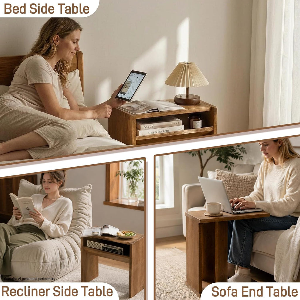 Solid Wood C Shaped End Table for Couch, No Assembly Required Sofa Side Table with Storage Shelf, Small Snack Table Slide Under Couch, Narrow Nightstand for Living Room, Bedroom & Small Spaces