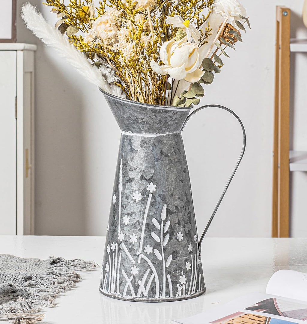 Vintage Galvanized Metal Pitcher Vase, Farmhouse Rustic Flower Vase with Handle, Decorative Floral Milk Jug Vase for Home Décor, 10.8’’H