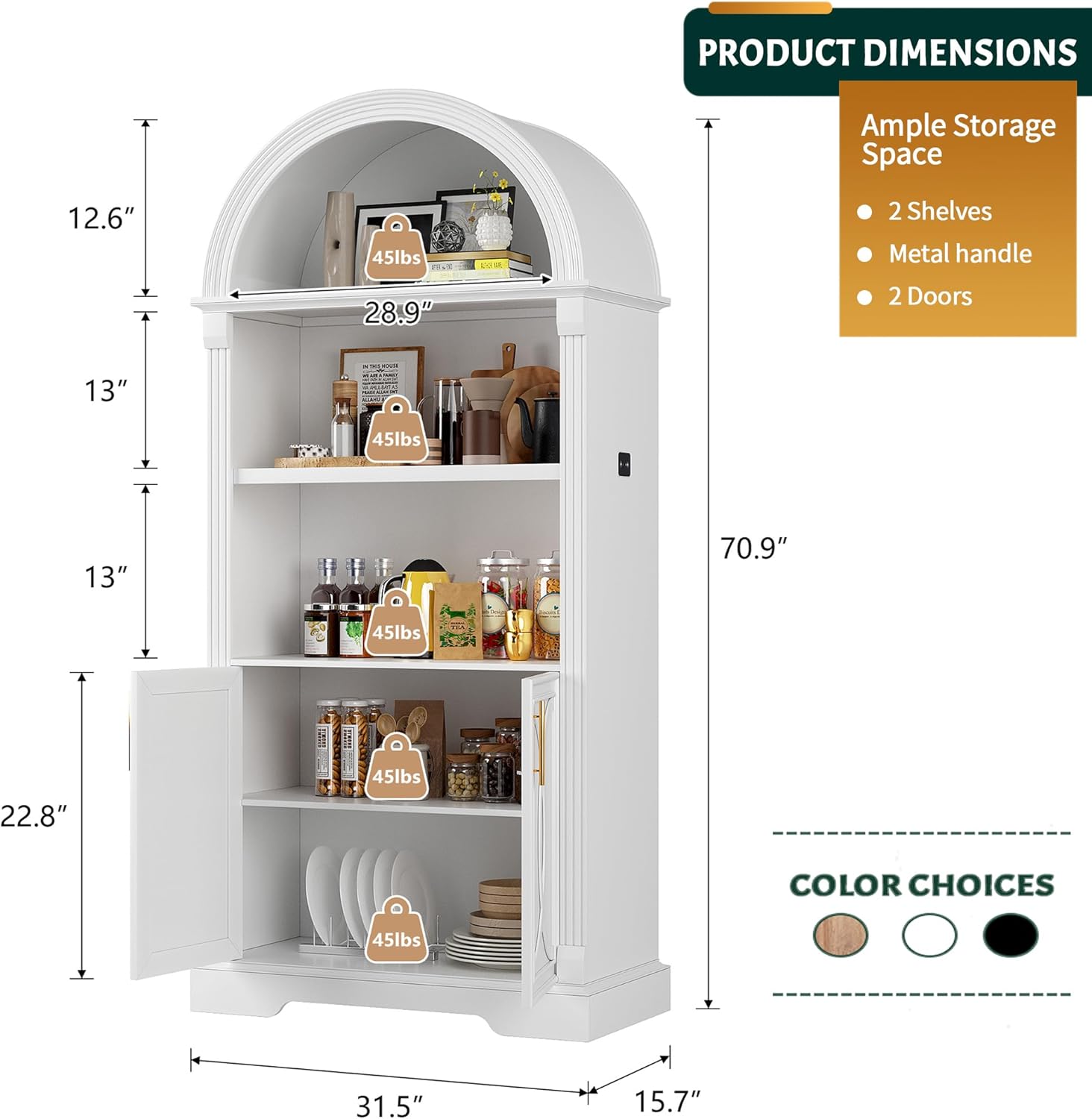 Vlsrka 71" Tall Arched Cabinet, Kitchen Pantry Cabinets, Arched Bookshelf/Bookcase,China Cabinet, Wood Kitchen Storage Cabinets with Open & Adjustable Shelves, Induction 3 Color Lights, White