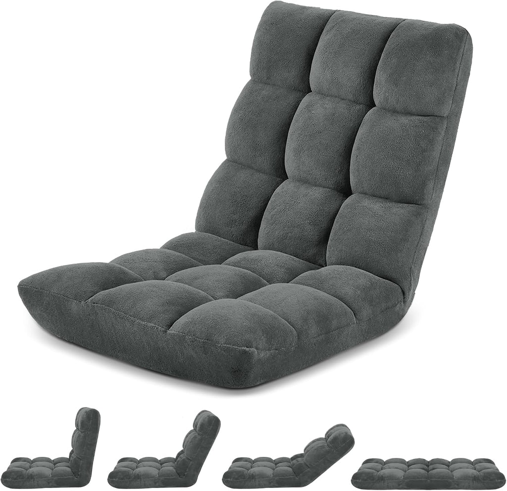 Murago Folding Floor Chair with Back Support for Adults, Adjustable Japanese Meditation; Portable Gaming Chair Recliner Seat with Comfy Cushion, for Teens, Dark Grey