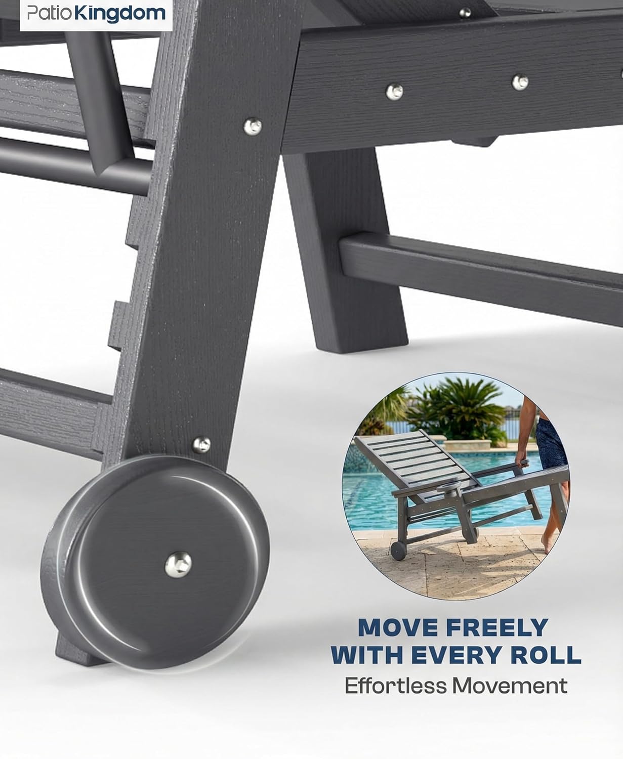 5-Position Adjustable Lounge Chair Outdoor, HDPE Outdoor Chaise Lounge with Cup Holder & Wheels, Pool Lounge Chairs for Poolside, Beach, Deck, Grey