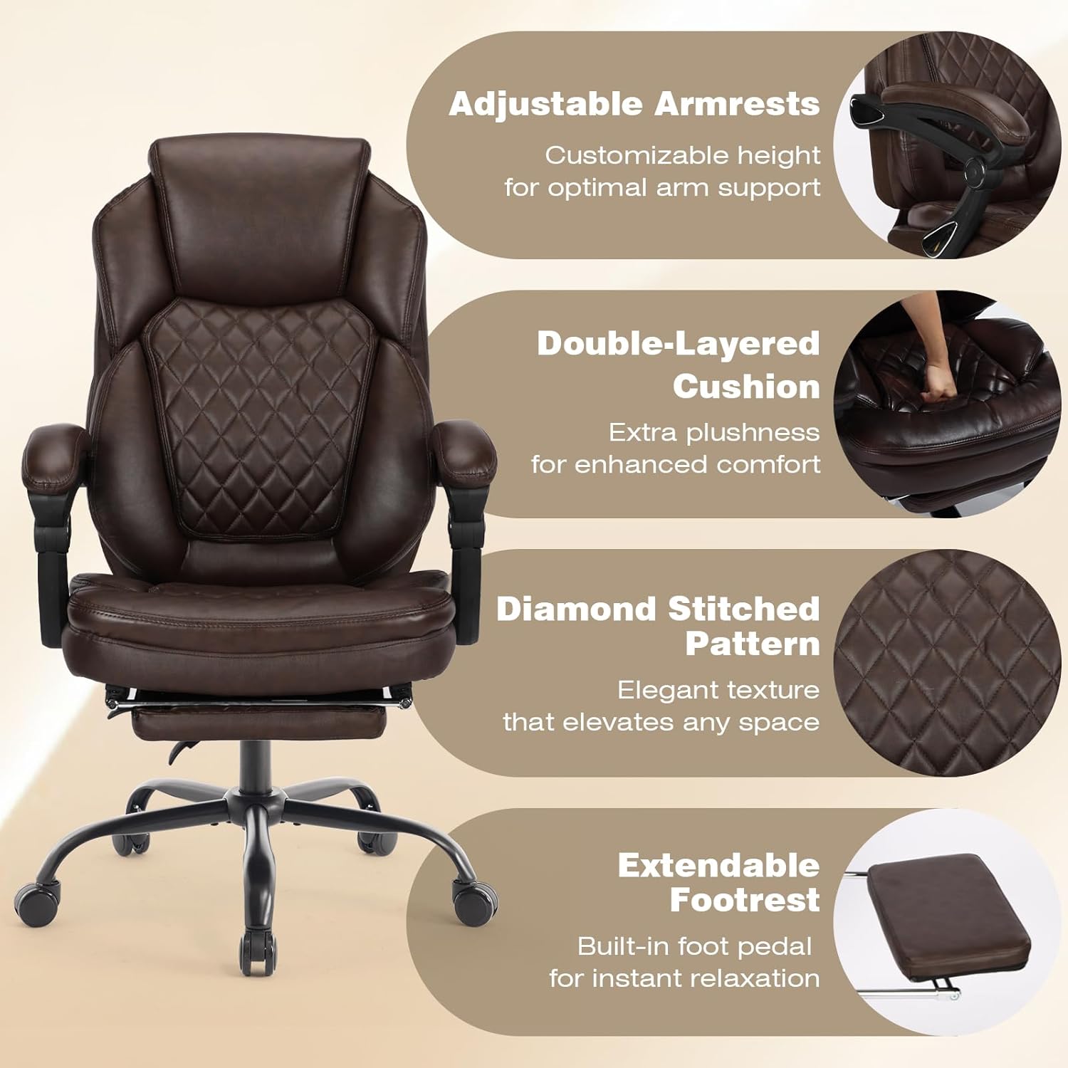 400lbs Ergonomic Reclining Office Chair with Footrest, Plus Size Big Tall Leather Recliner Office Desk Chairs with Foot Leg Rest, Brown