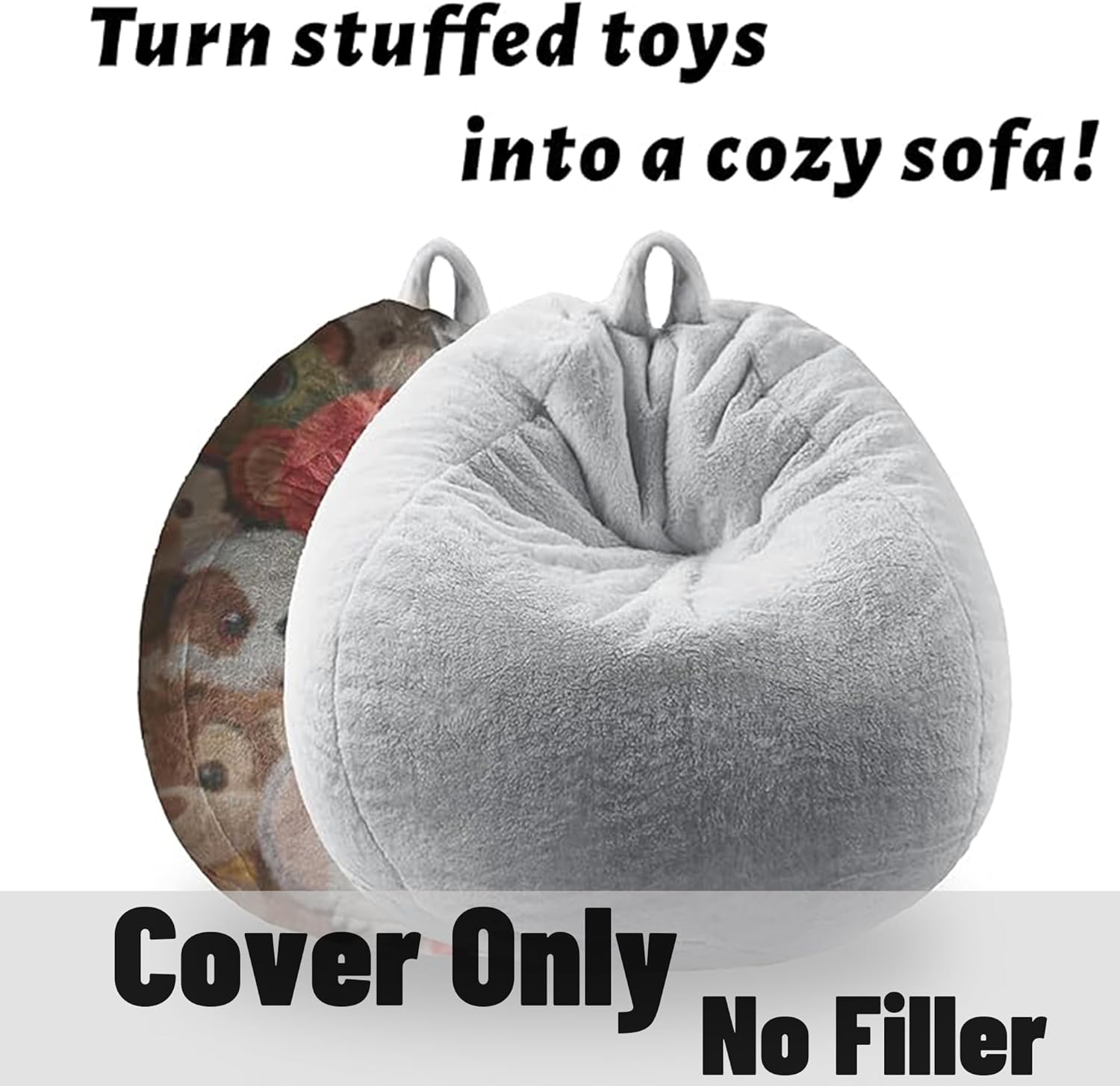 Faux Fur Comfy Bean Bag Chair Cover (No Filler), Fluffy Stuffed Animal Storage Bean Bag Covers Large Sofa for Adults, Premium Furry Fuzzy Bean Bag for Living Room Bedroom, Light Gray