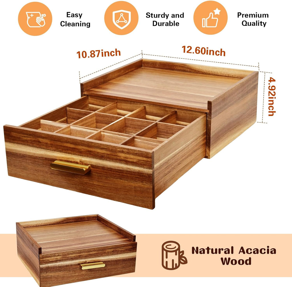 NANXITU Acacia Wood Tea Holder Organizer, Tea Box Organizer Storage Box | Tea Caddy for Tea Bags Organizer Drawer, with12 Compartments Multi-Functional Tea Station Chest for Countertop