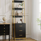 HITHOS Black Gold 4-Tier Bookshelf, Tall Bookcase with 3 Wooden Drawers, Modern Ladder Book Shlef Storage Organizer for Living Room, Entryway, Office