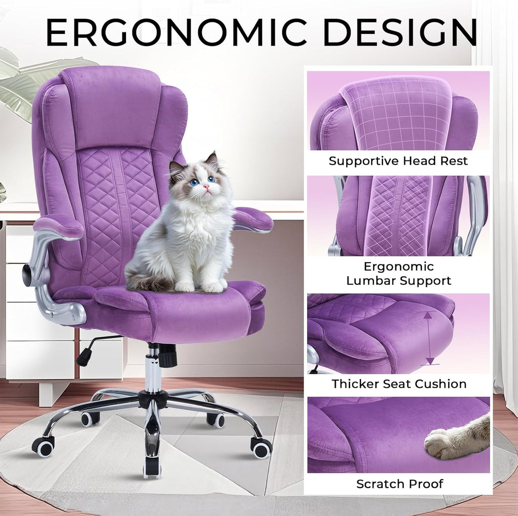 400lbs Executive Office Chair with Flip-Up Armrests, Big and Tall Computer Chair for Heavy People, Heavy Duty Ergonomic Comfy Chair, Breathable Plush Velvet(Purple)