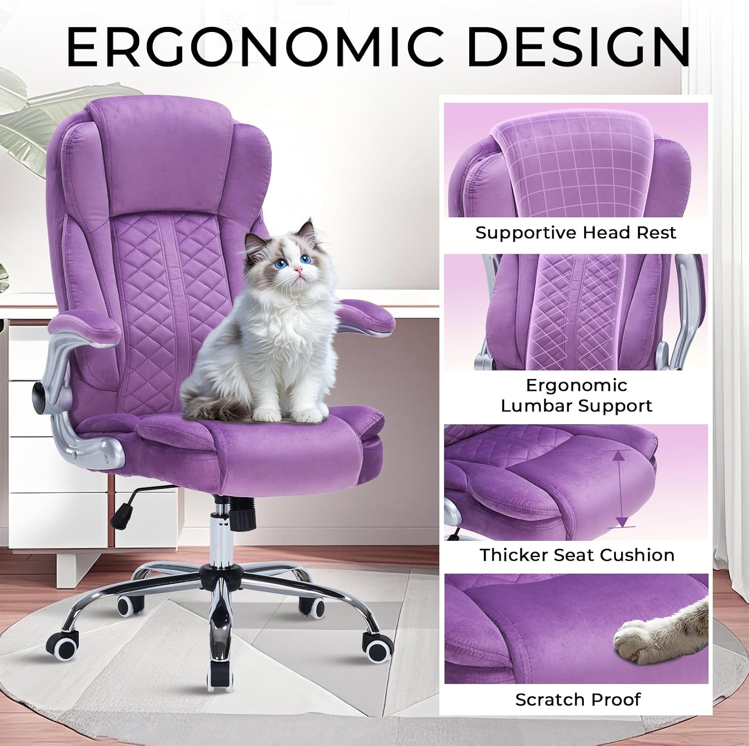400lbs Executive Office Chair with Flip-Up Armrests, Big and Tall Computer Chair for Heavy People, Heavy Duty Ergonomic Comfy Chair, Breathable Plush Velvet(Purple)
