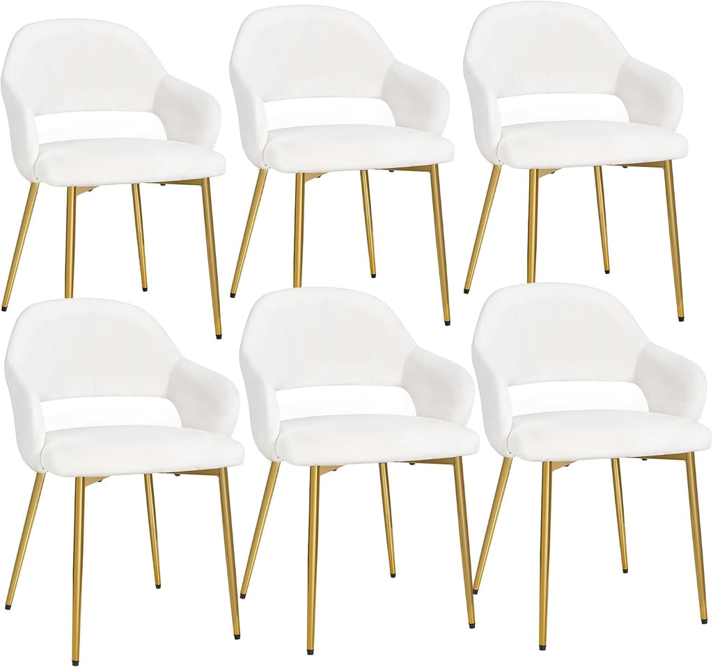 VECELO Velvet Dining Chairs Set of 6, Modern Upholstered Kitchen Chairs with Cushion, Padded Backrest and Metal Legs, White