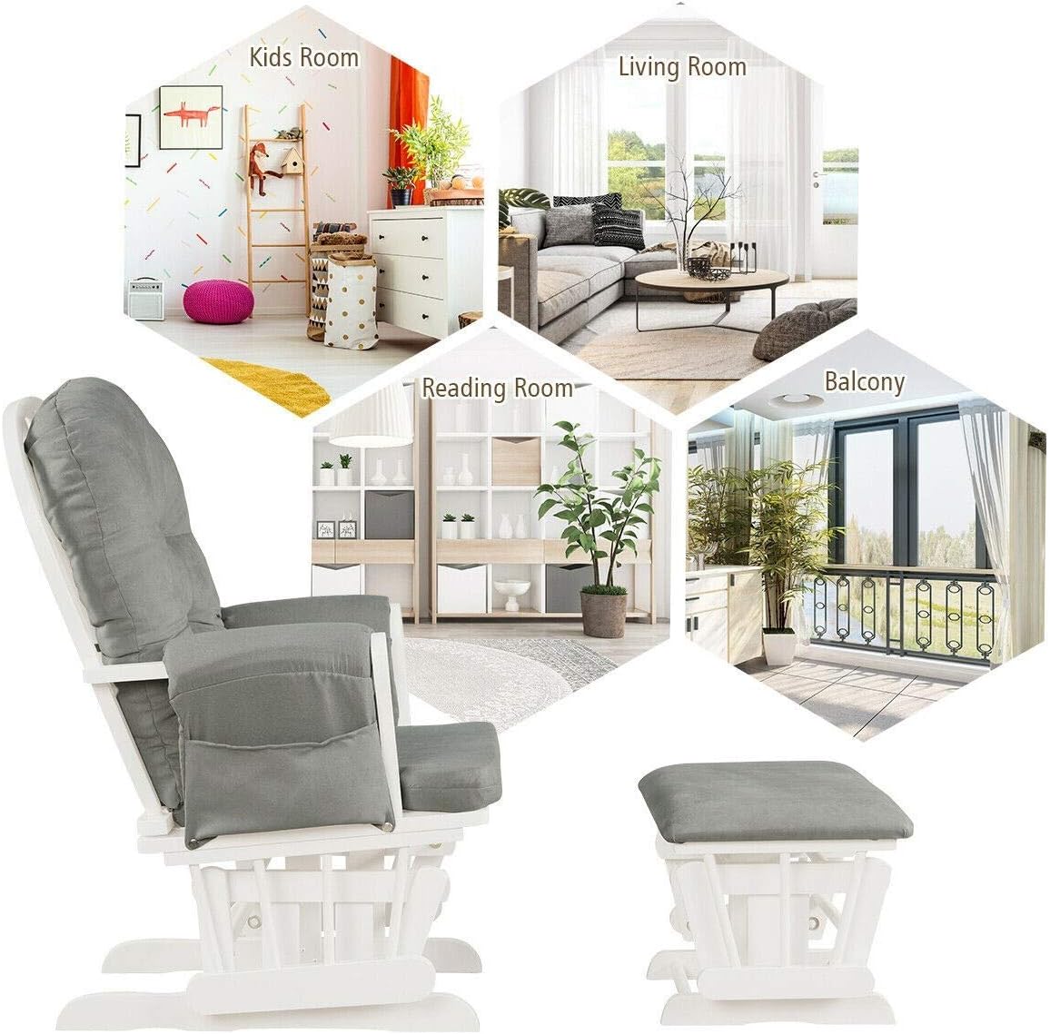 Nursery Rocking Chairs Nursery Glider Rocking Chair Wood Baby Rocker with Ottoman Cushion Upholstered Nursing Chair with Padded Arms (Light Gray)