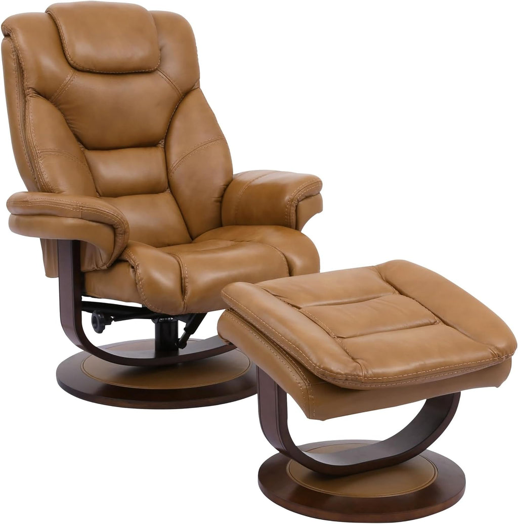 Pemberly Row Stressless Recliner with Ottoman in Brown Leather, Manual Swivel Recliner Chair for Living Room Comfort