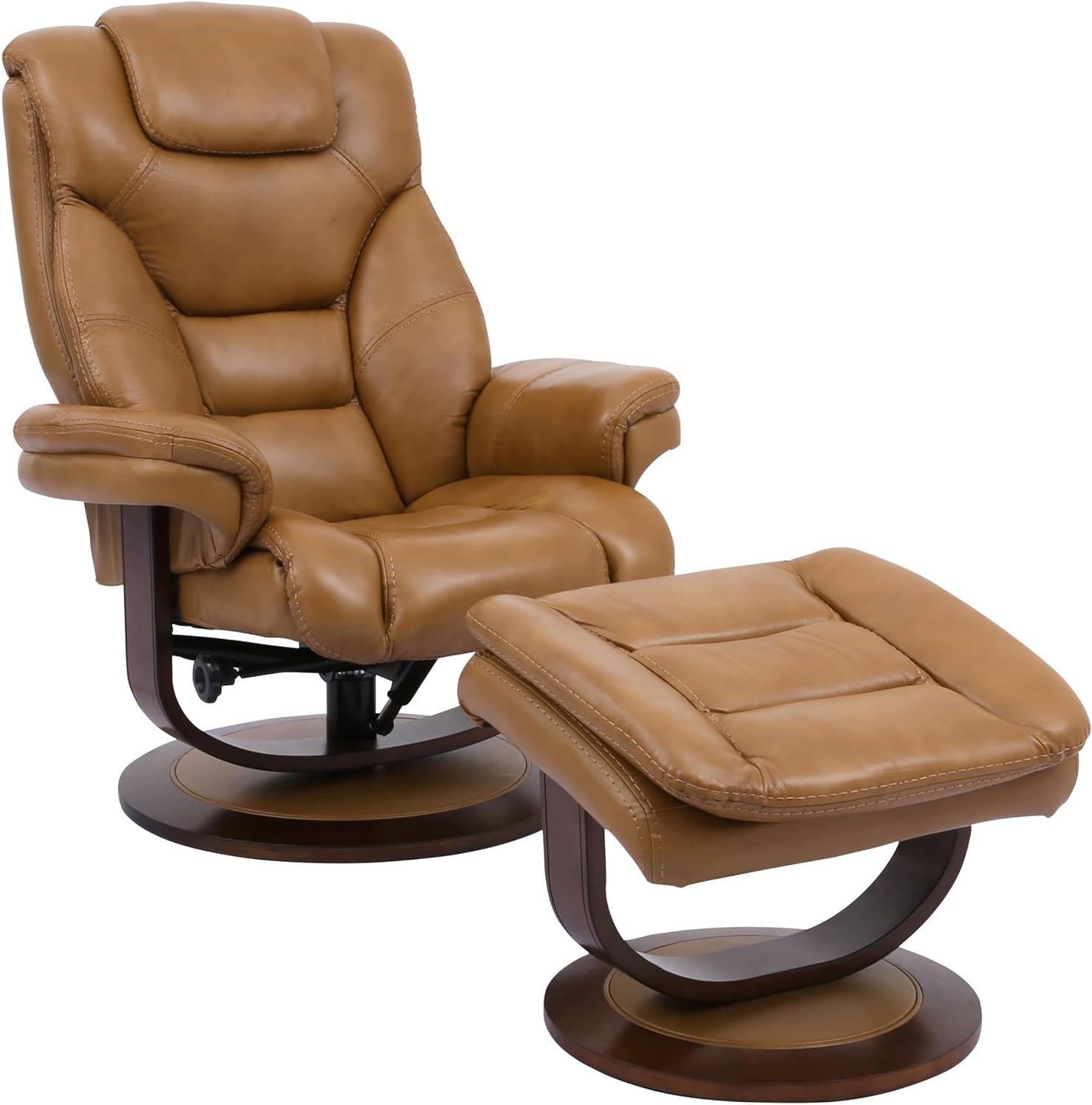 Pemberly Row Stressless Recliner with Ottoman in Brown Leather, Manual Swivel Recliner Chair for Living Room Comfort