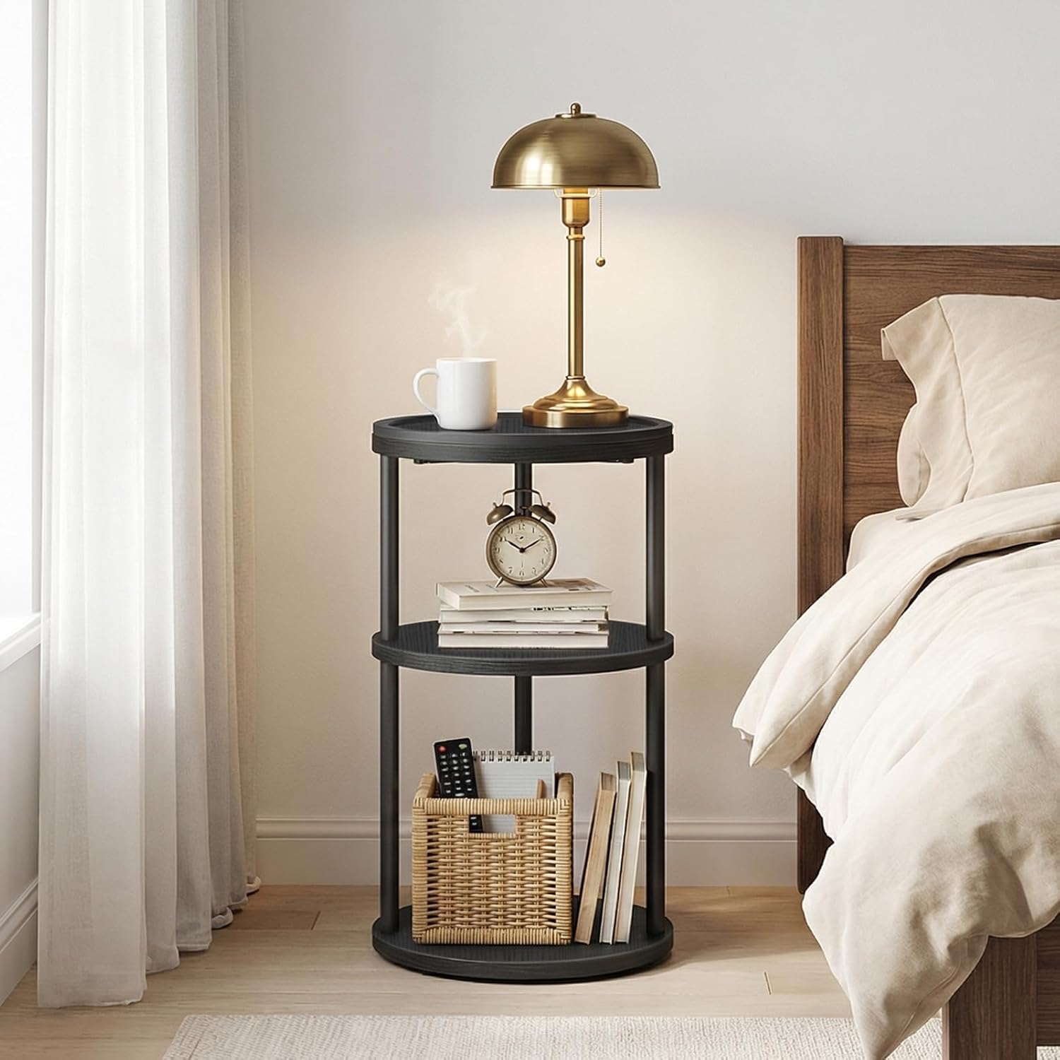 MAHANCRIS Small Round Side Table with Tray, 3-Tier End Table with Storage Shelf, Accent Table for Small Spaces, Nightstand, Coffee Drink Table for Sofa, Living Room, Bedroom, Corner, Black ETBK3101