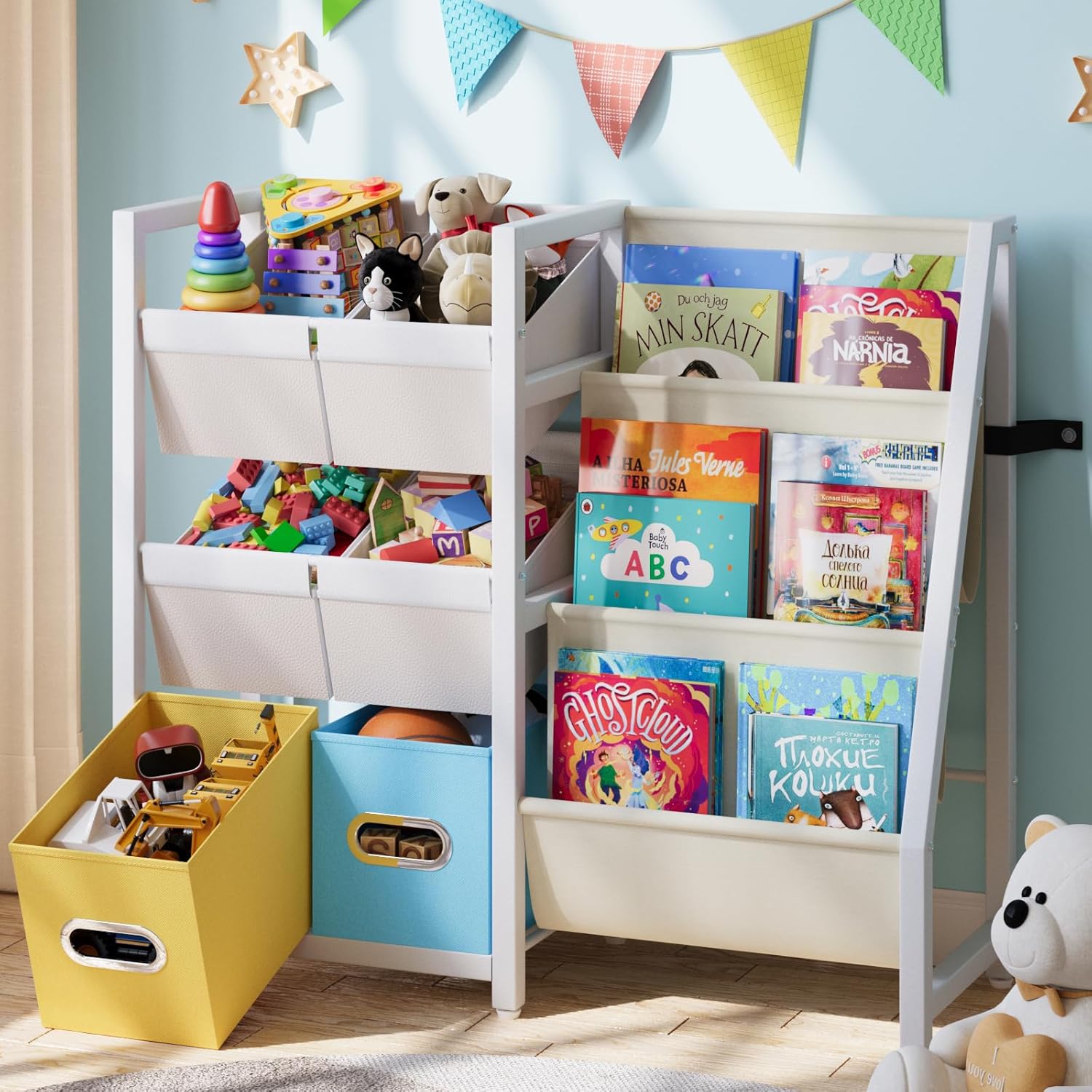 LATIBELL Kids Bookshelf Toy Storage Organizer - Book Shelf for Kid Rooms, 6 Toy Bins for Kid Organizer and 3 Sling Kids Bookcase, Toddler Baby Montessori Nursery Bookshelf Childrens Book Rack Display