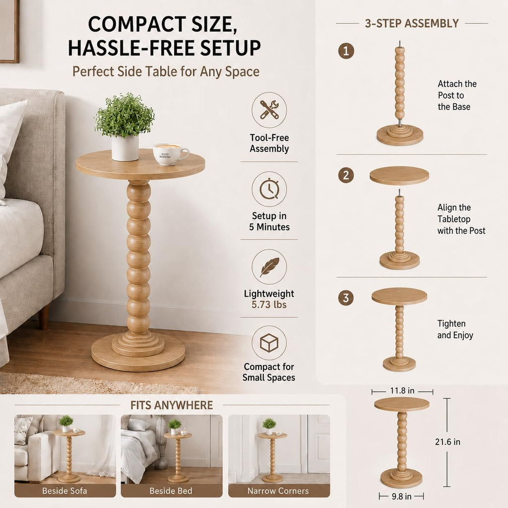 Round Side Table for Small Spaces, Modern Accent End Table with Solid Wood Legs, Versatile Drink Table for Living Room/Bedroom/Corners, Natural Wood