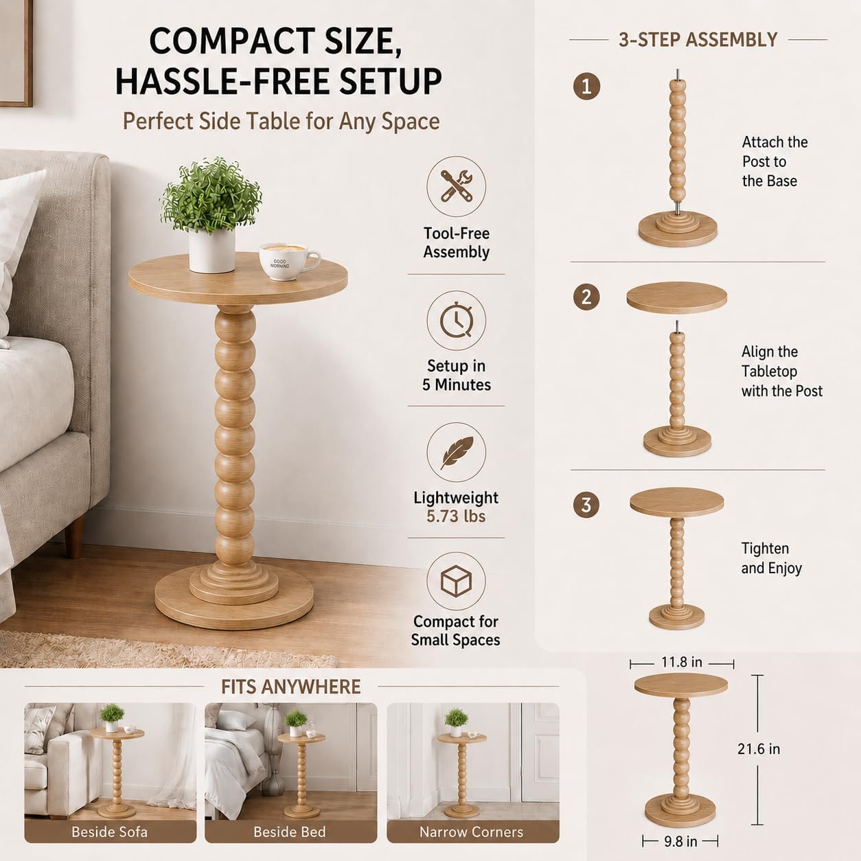 Round Side Table for Small Spaces, Modern Accent End Table with Solid Wood Legs, Versatile Drink Table for Living Room/Bedroom/Corners, Natural Wood