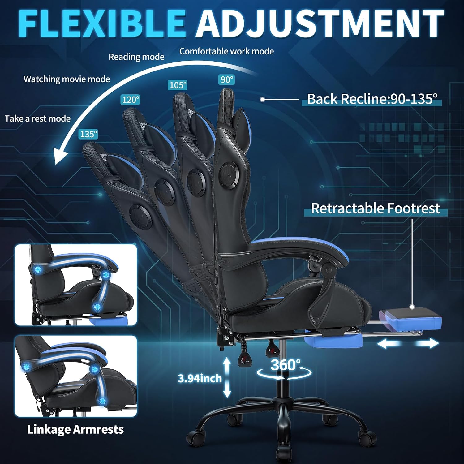 RGB Gaming Chair with Bluetooth Speakers and LED Lights Ergonomic Massage Computer Gaming Chair with Footrest Video Game Chair High Back with Lumbar Support Blue and Black