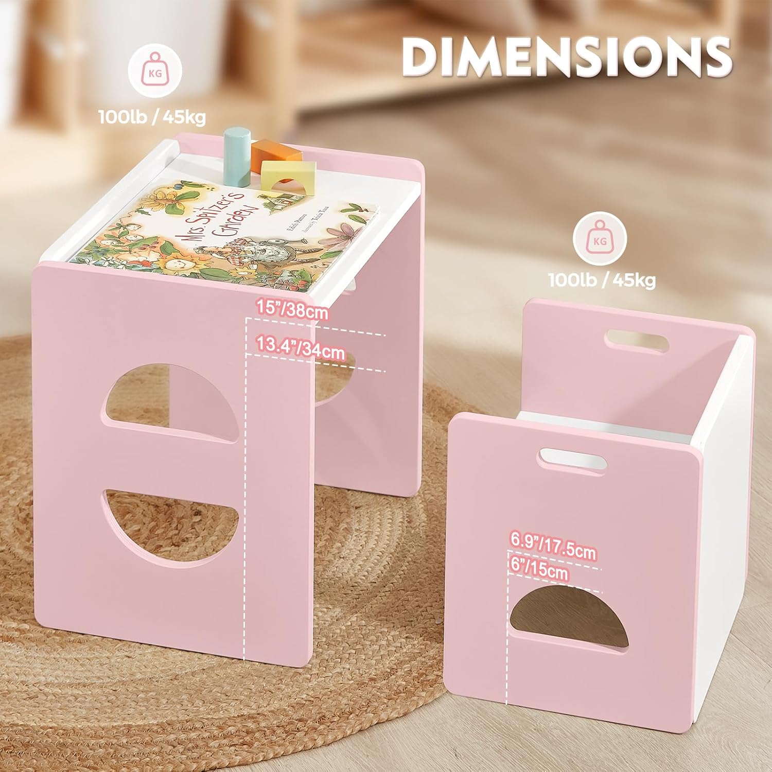 FUNLIO Height Adjustable Montessori Table and Chair Set for Age 1-3, Solid Wood Toddler Table and Chair Set, Weaning Baby Table Chair Set for Reading/Eating/Playing, Easy to Assemble - Pink