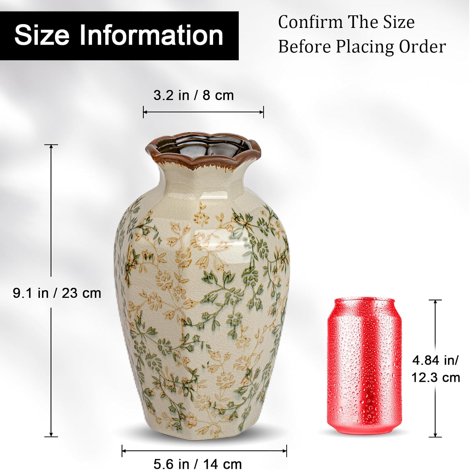 Green Vinatge Vase, Gorgeous Pastoral Octagonal Ceramic Flower Vase, Rustic Farmhouse Ice Cracked Large Chinoiserie Floral Vases for Home Decors, Cottage, Coffee Table, Bookshelf, 9.1 Inch