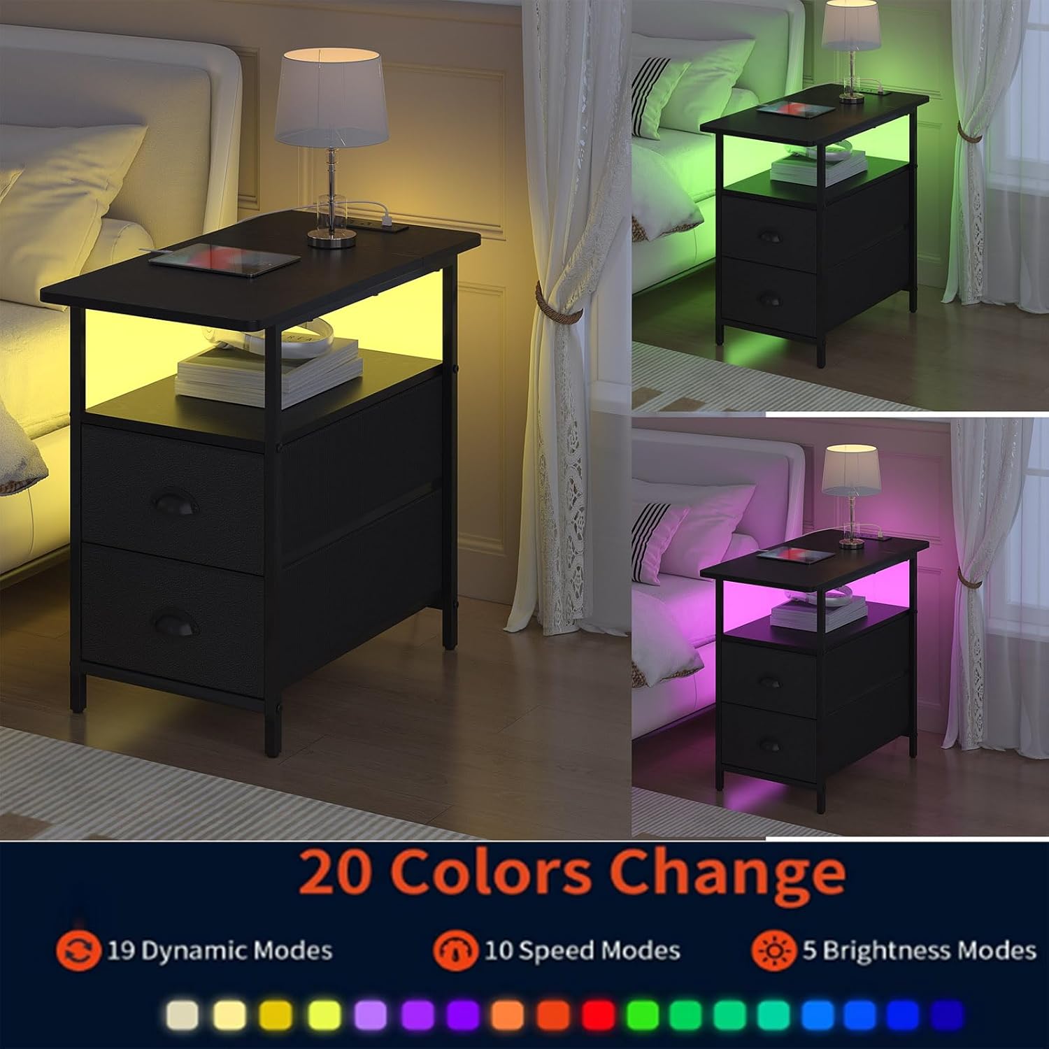 sthmec End Table with Charging Station, Narrow Side Table with 2 Drawers, LED Nightstands with Drawers, USB Ports & Power Oulets,Slim Sofa Side Tables for Small Spaces,Living Room,Bedroom, Black