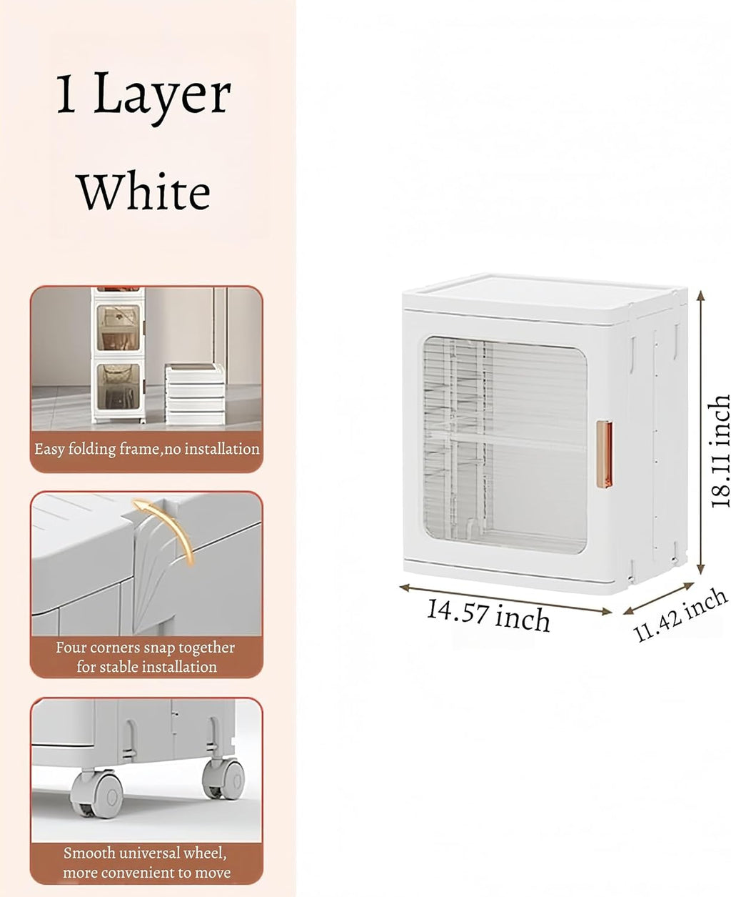 Countertop Storage Cabinet with Door and Shelf Mini Foldable Small Cabinet Organizers and Storage for Bathroom Pantry Bedroom, White(1 Layer)