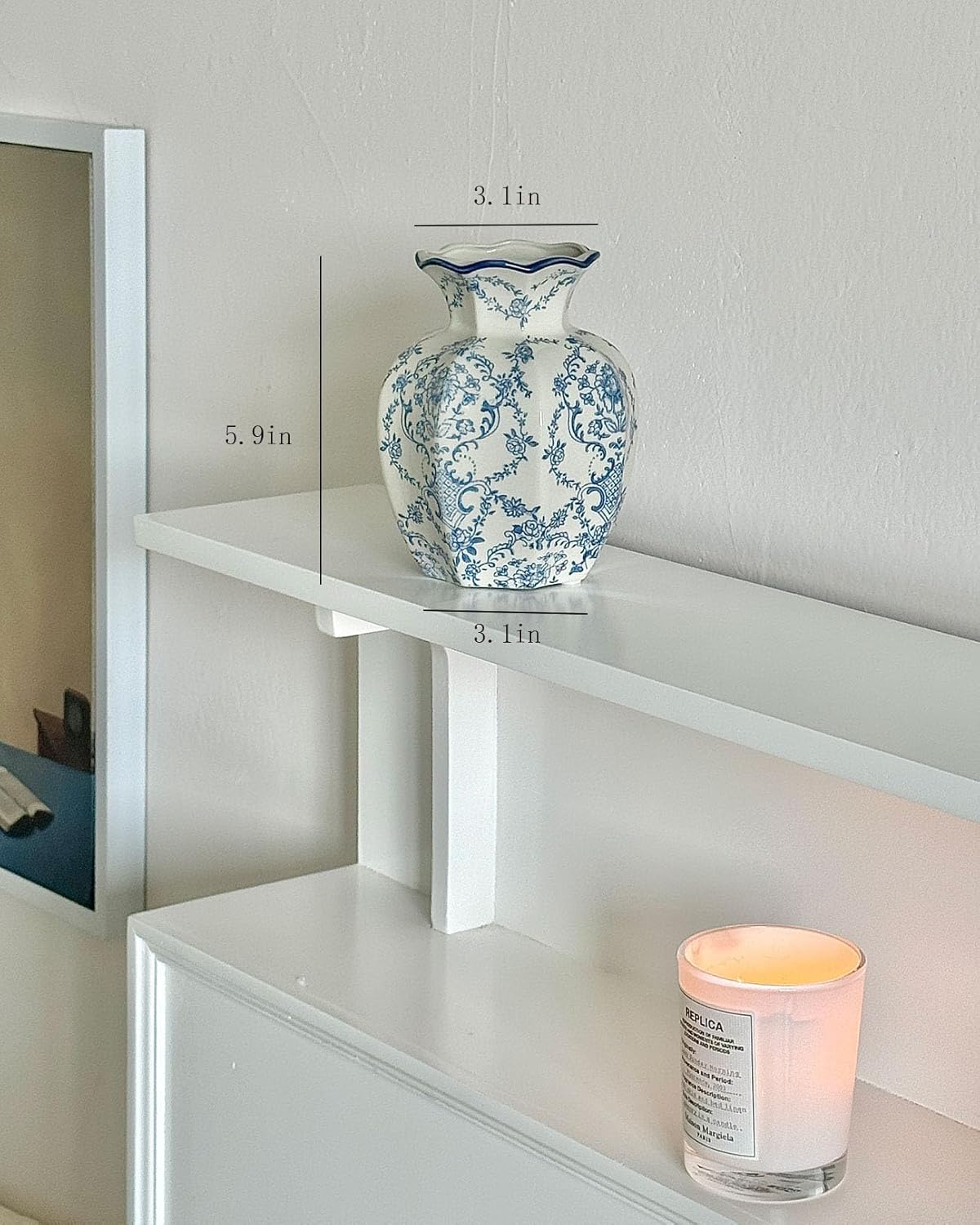 Vintage Blue Ceramic Vase, Small Blue and White Porcelain Decorative Flower Vase for Centerpiece Living Room Table Shelf, Chinoiserie French Country Decor