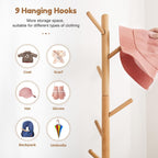 Cozivolife Kid's Coat Rack Stand Beech Wood Clothes Tree, Height Adjustable Freestanding Child Jacket Holder with 9 Hooks, Hanging Hats and Handbags, Hallway, Entryway,Bedroom, Easy Assembly (Natural)