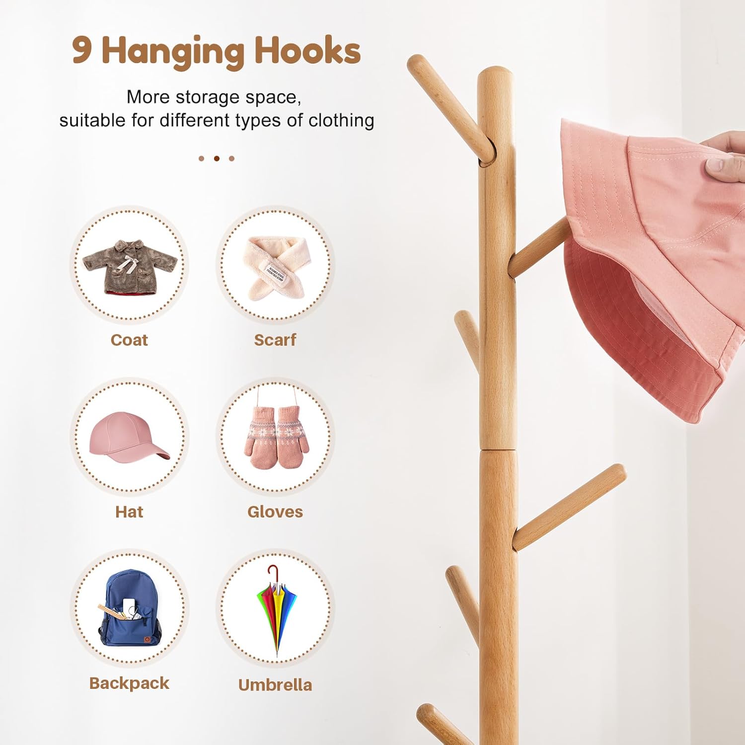 Cozivolife Kid's Coat Rack Stand Beech Wood Clothes Tree, Height Adjustable Freestanding Child Jacket Holder with 9 Hooks, Hanging Hats and Handbags, Hallway, Entryway,Bedroom, Easy Assembly (Natural)