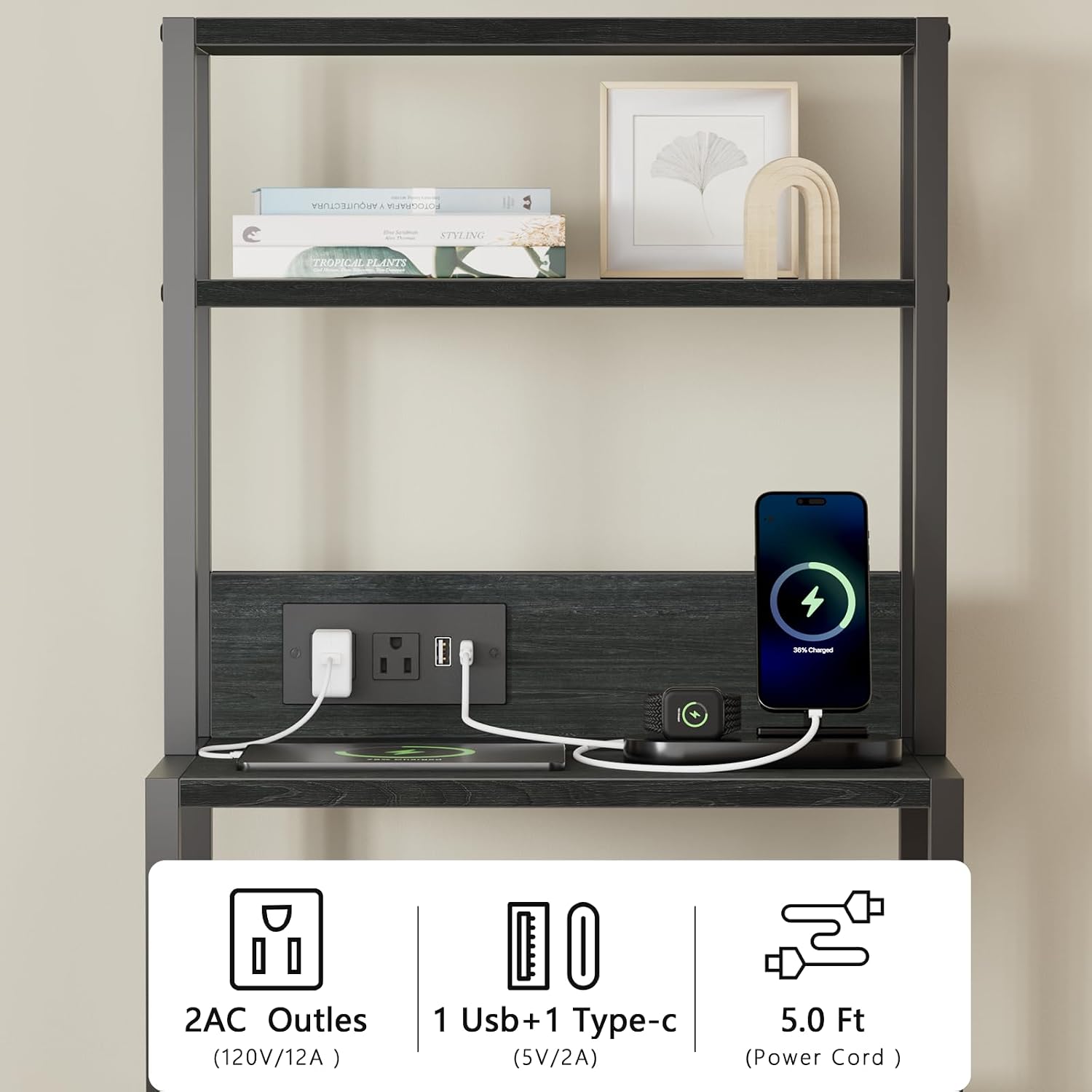 Furnulem Night Stand Set 2 with Charging Station, 46" Black Bedside Table | RGB LED Lights, 4-Tier Storage Shelves & 3 Fabric Drawers, Metal Frame, Wood Desktop, Easy Assembly for Bedroom Hallway Dorm
