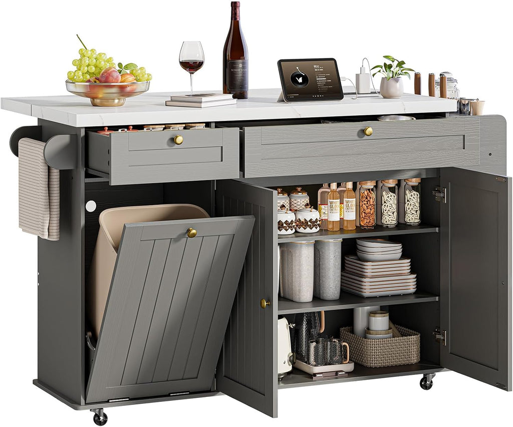 ONBRILL 60" Kitchen Island with Power Outlet & Drop Leaf, Rolling Island with Spice Rack & Towel Rack, Kitchen Island Cart with Trash Storage Cabinet, Island Table for Kitchen, Grey+Imitation Marble