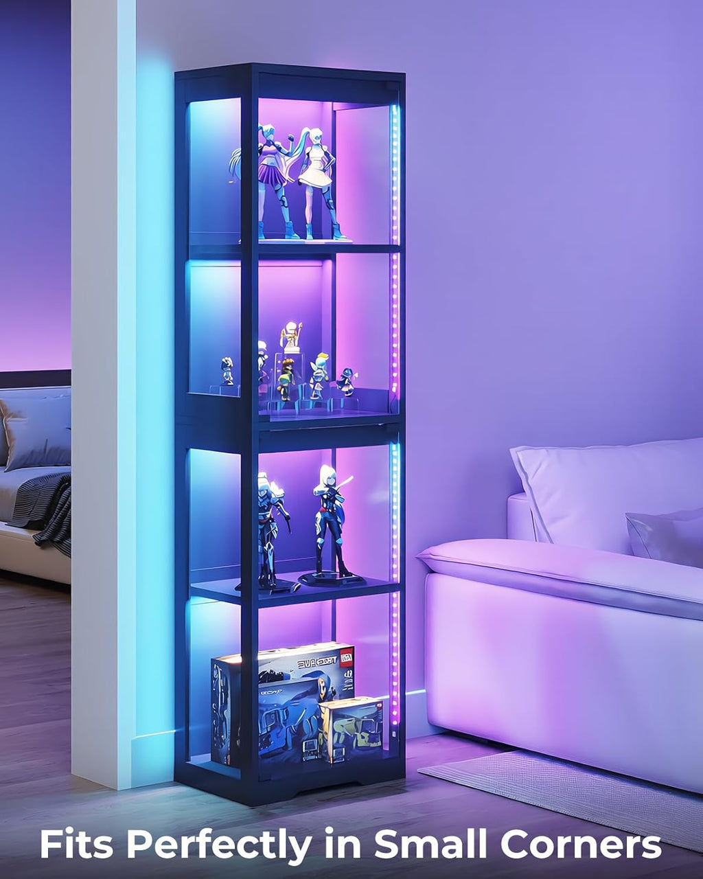 AODK Display Cabinet with Glass Doors, Glass Display Case with RGB LED Light, Corner Display Shelf for Collectibles, Black Curio Cabinet for Showcase, Bookcase