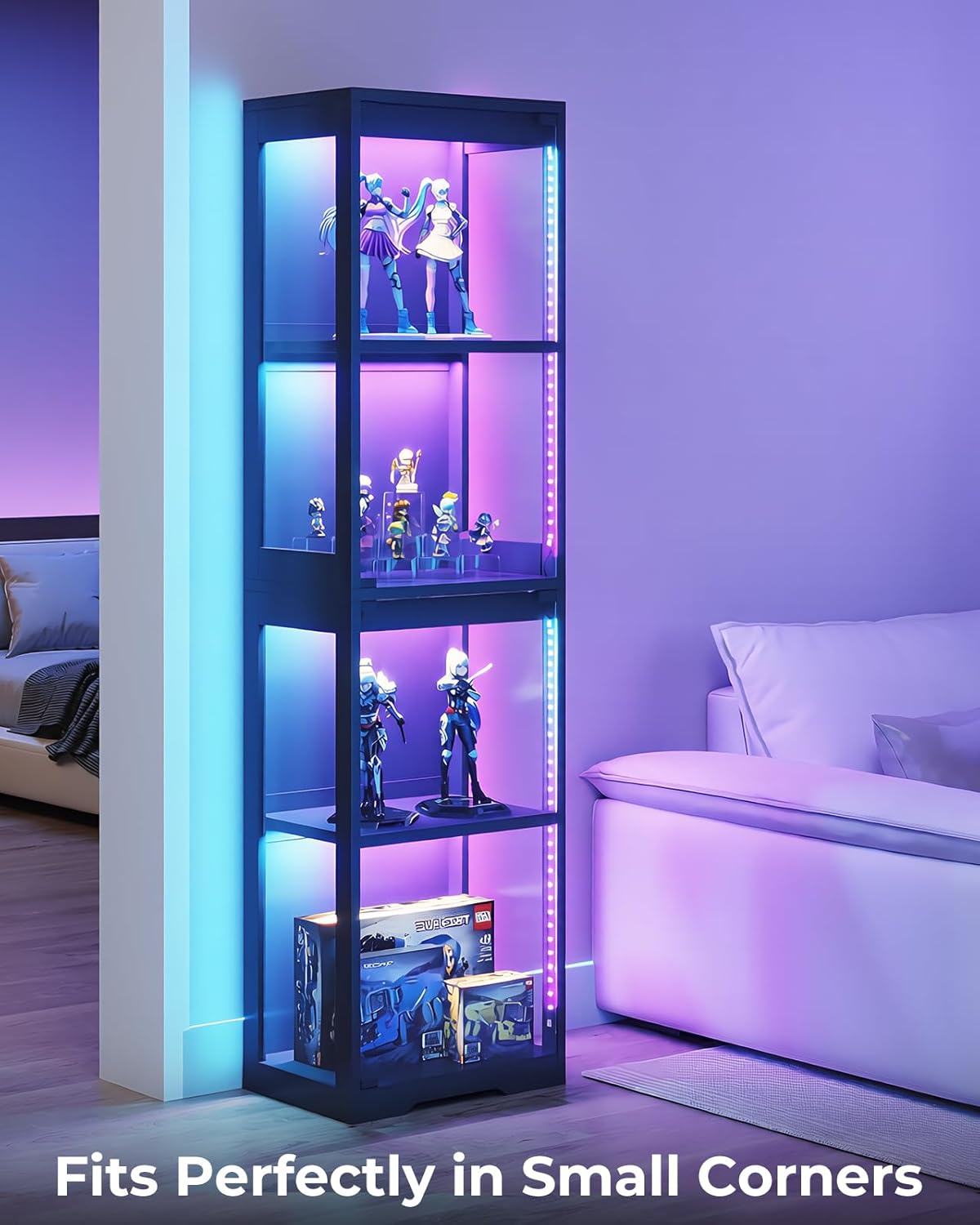 AODK Display Cabinet with Glass Doors, Glass Display Case with RGB LED Light, Corner Display Shelf for Collectibles, Black Curio Cabinet for Showcase, Bookcase
