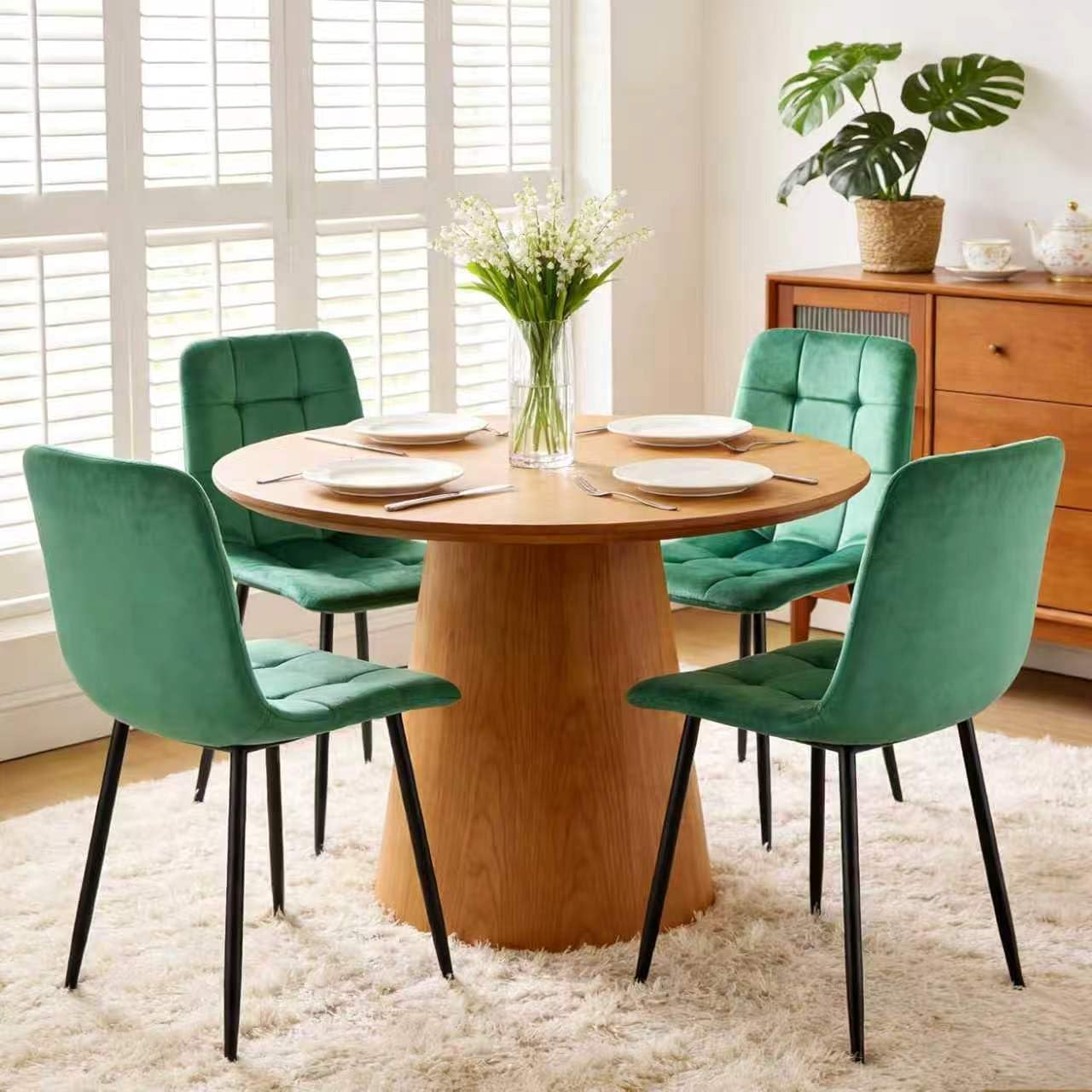 Velvet Dining Chairs Set of 4, Modern Fabric Upholstered Dining Room Kitchen Chair 4pcs Velvet Kitchen Chairs, Mid Century Dinning Dinner Chairs for Living Room,Bedroom (Green, Non-Swivel Chair)