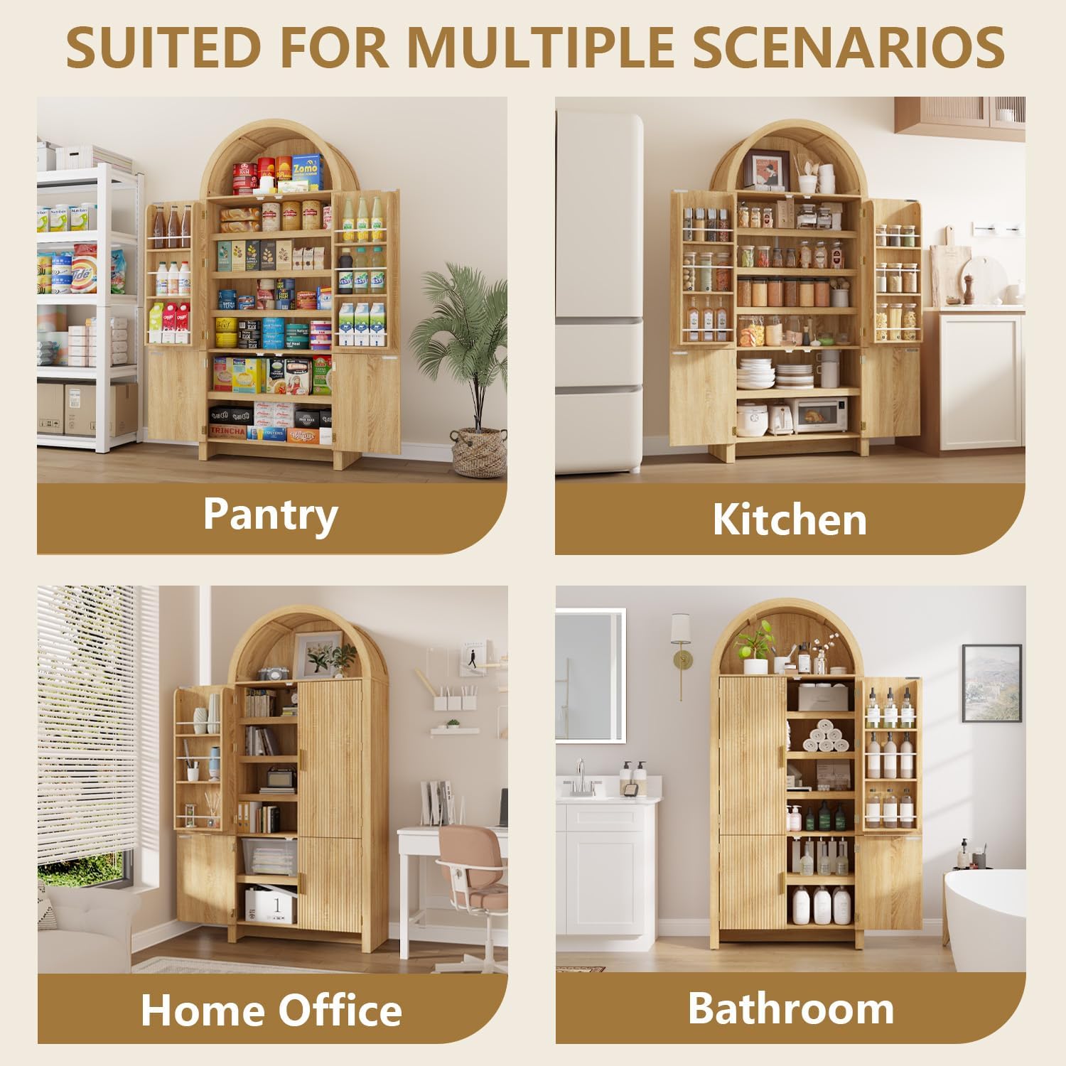 Arched Cabinet, 71" Tall Arched Kitchen Pantry Storage Cabinet with Doors, Modern Fluted Kitchen Storage Cabinet with Adjustable Shelves, Natural Cupboard for Kitchen, Dining Room, Bathroom